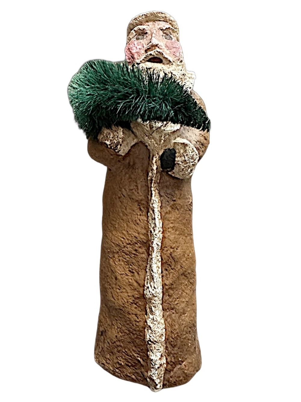 Vicki Sutcliffe Vntg 89 Paper Mache Santa Claus holding Tree Figurine 9” Signed